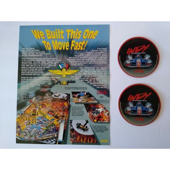 Indianapolis 500 Pinball FLYER & 2 Promos Plastic Coasters Indy Auto Racing NOS - Picture 2 of 4